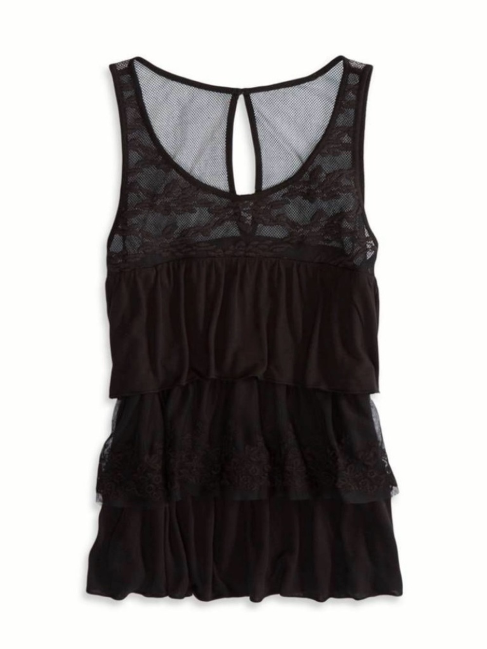 American Eagle Black Lace & Mesh Tiered Ruffle Tank Top
